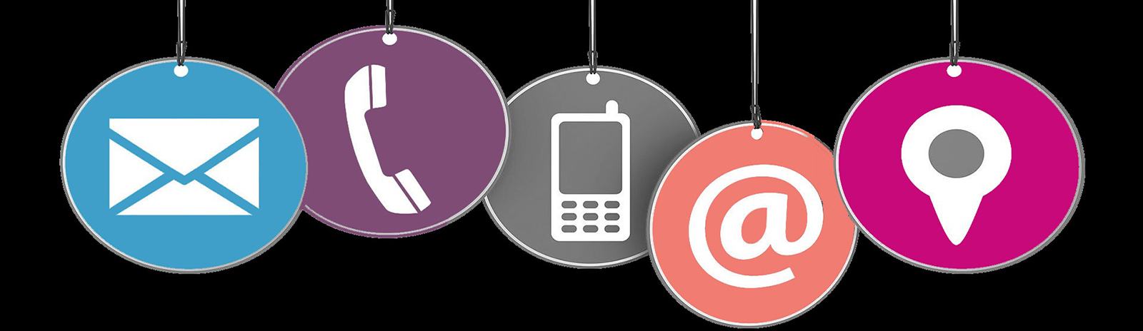 circle icons showing an envelope, telephone, cell phone, at symbol, and location marker